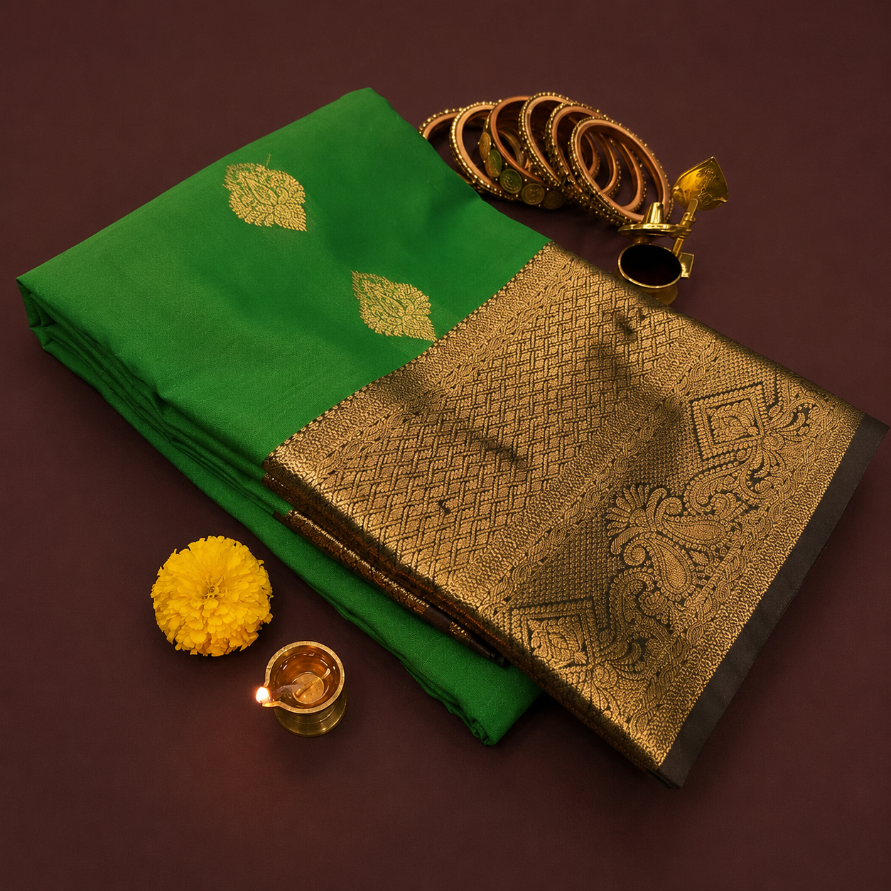 Kanchipuram Bridal Soft Silk Rich Saree – Emerald Green with Antique Gold Rich Zari Border