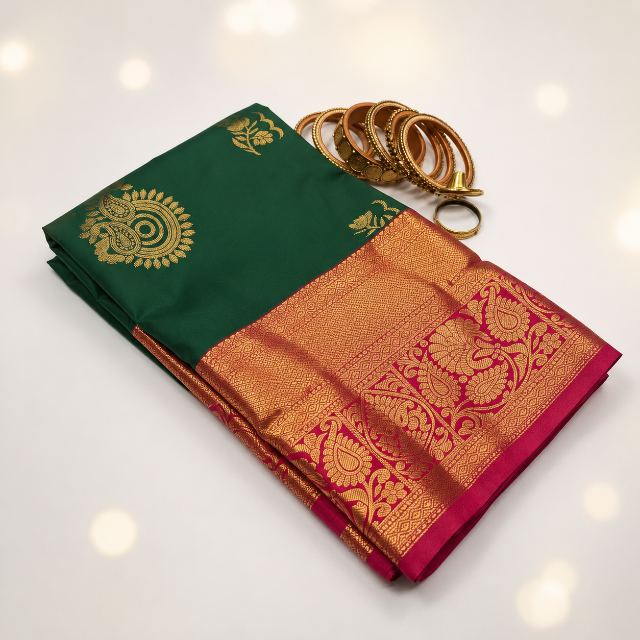 Kanchipuram Bridal Soft Silk Rich Saree – Emerald Green with Rani Pink Rich Zari Border