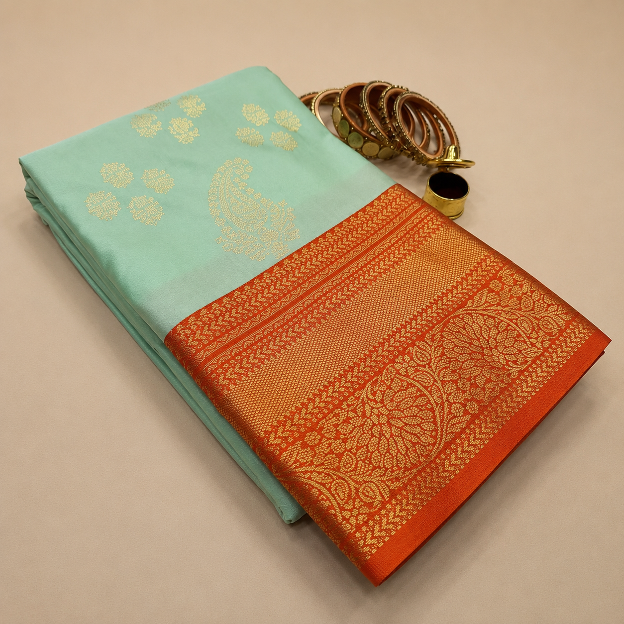 Kanchipuram Bridal Soft Silk Rich Saree – Mint Green with Coral Orange Rich Zari Border