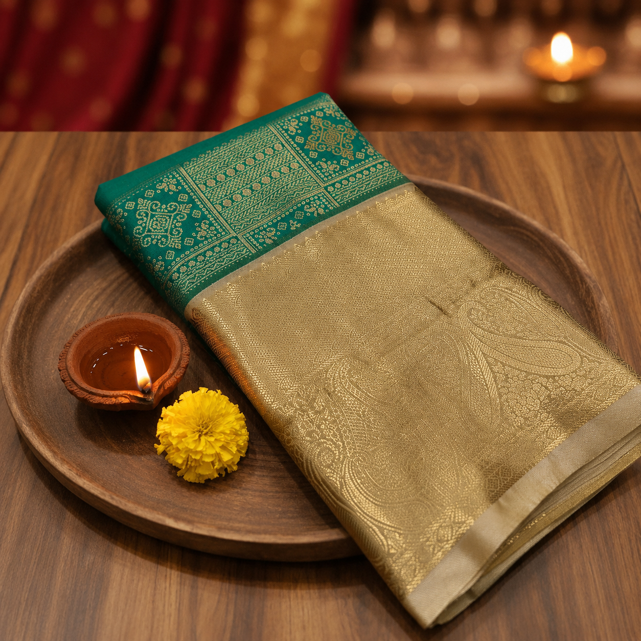 Kanchipuram Bridal Soft Silk Rich Saree – Emerald Green & Antique Gold Traditional Zari Weave