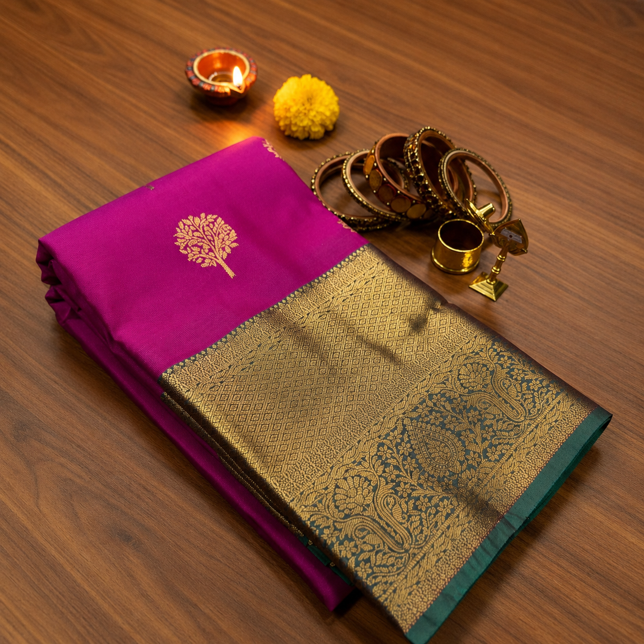 Kanchipuram Bridal Soft Silk Rich Saree – Royal Magenta Pink with Antique Gold Zari Border