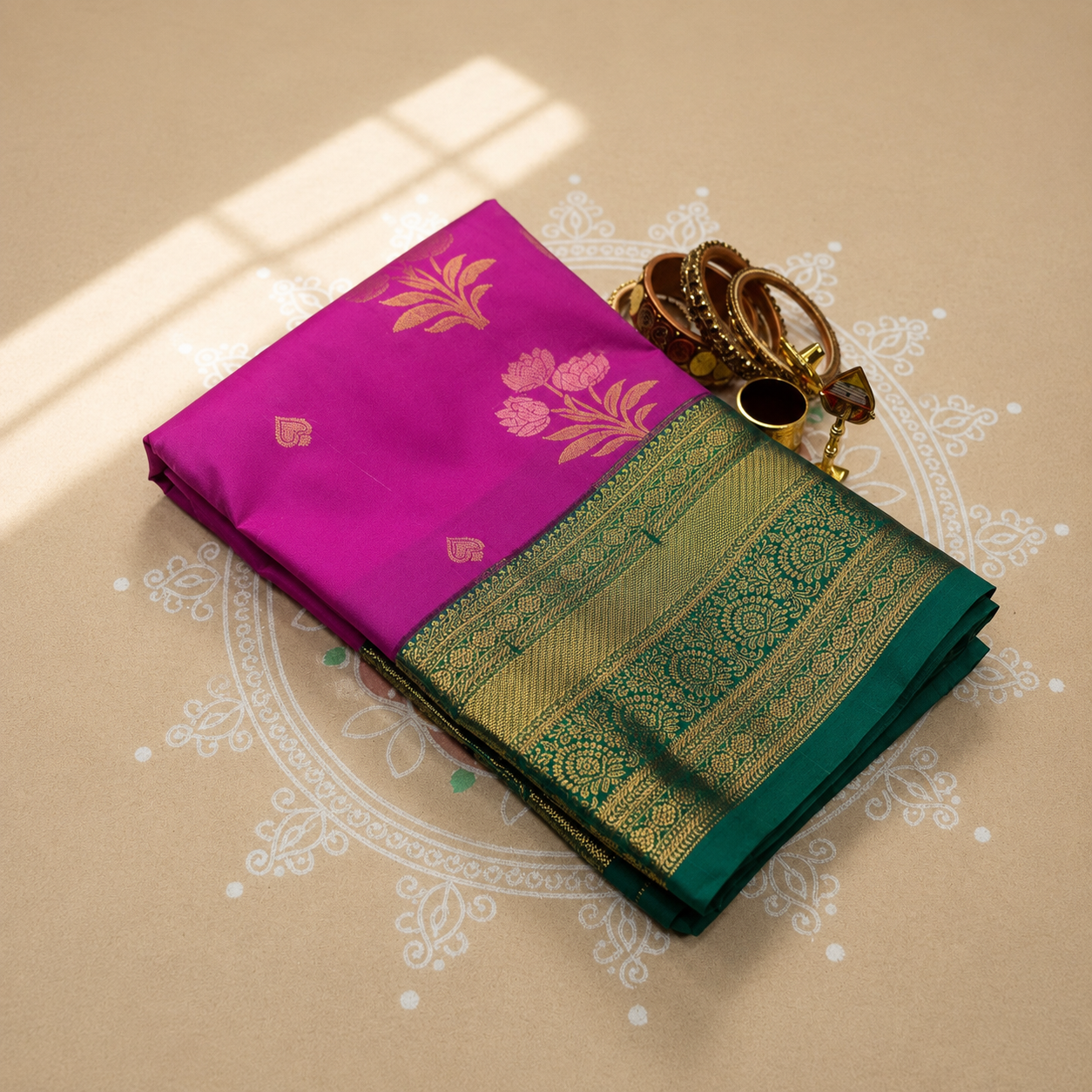 Kanchipuram Bridal Soft Silk Rich Saree – Rani Pink with Emerald Green Rich Zari Border