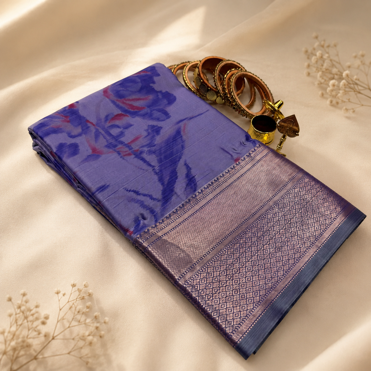 Kanchipuram Bridal Soft Silk Rich Saree – Lavender Blue Floral Design with Rose Gold Zari Border
