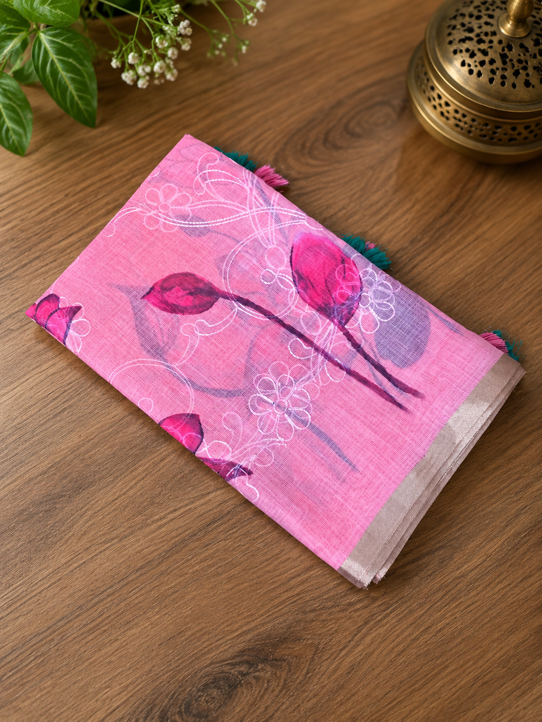 Blush Pink Linen Cotton Saree with Floral Print