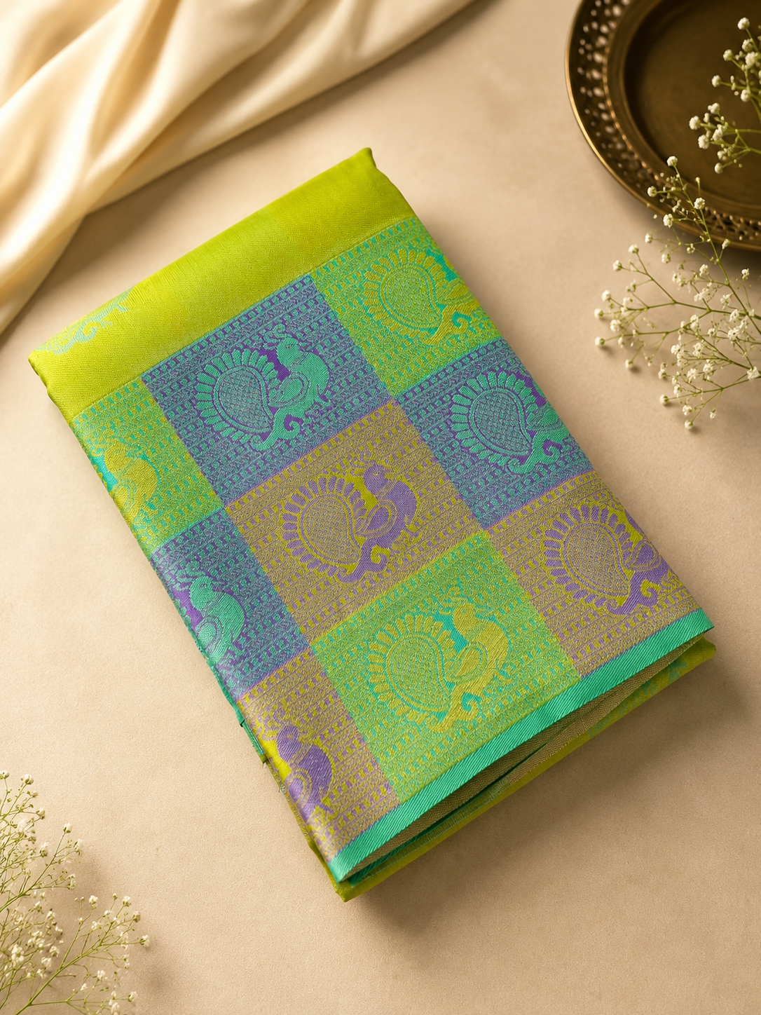 Bridal Tissue Saree – Lime Green with Multicolour Peacock & Paisley Zari Weave | Wedding Wear