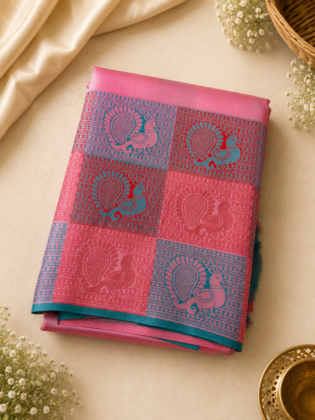 Bridal Tissue Saree – Pink with Teal Blue Peacock & Paisley Zari Weave | Elegant Wedding Wear