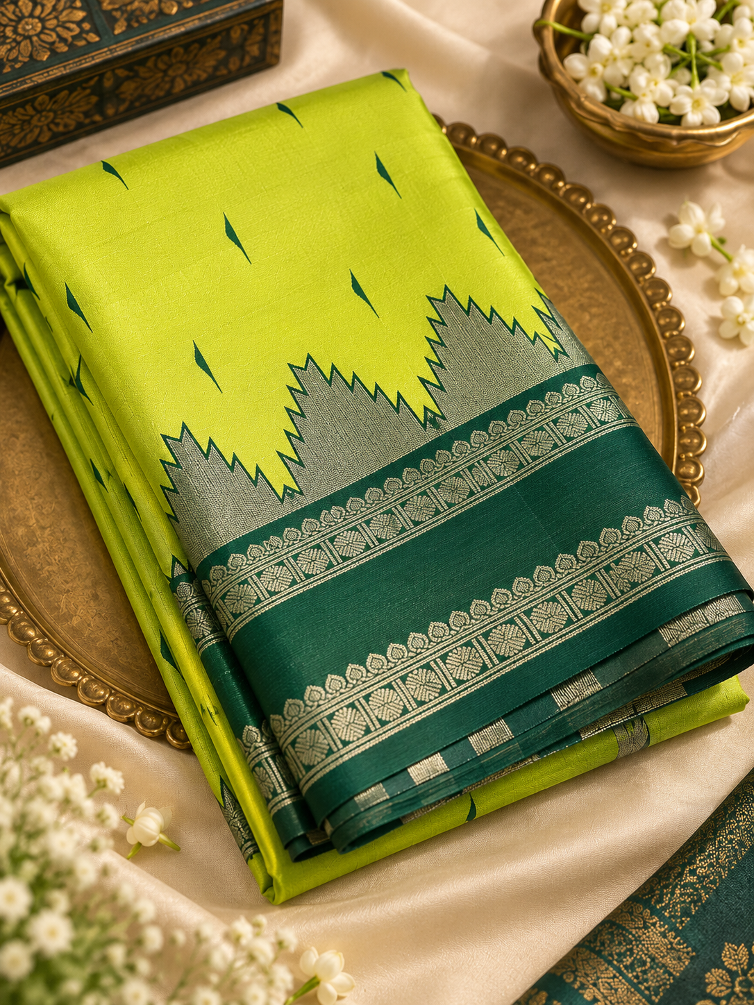 Bridal Semi Soft Silk Saree – Lime Green with Dark Green Border
