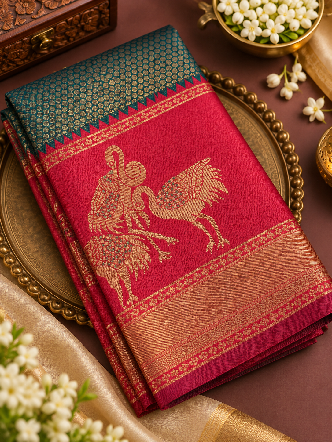 Semi Bridal Silk Saree – Rich Wine Red & Dark Green with Elegant Gold Peacock Design