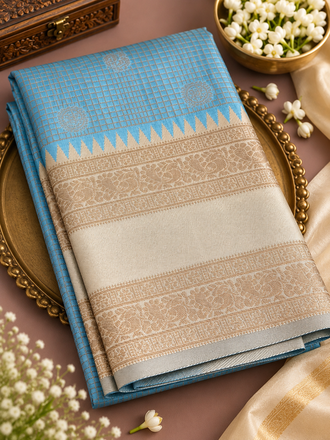 Elegant Sky Blue Semi Bridal Silk Saree with Rich Silver-Gold Traditional Border