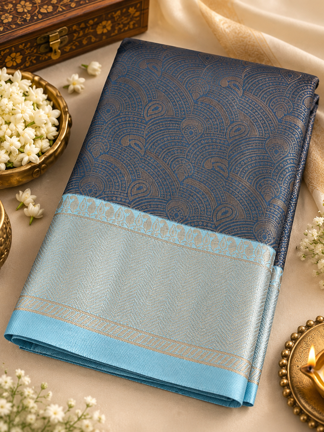 Semi Bridal Silk Saree – Elegant Black & Silver Grey Paisley Design