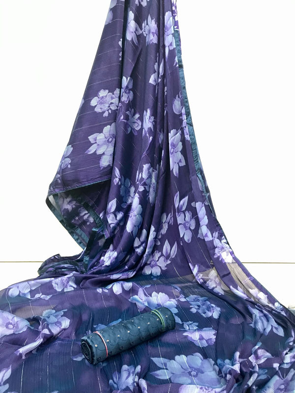 Blue with Floral Chiffon Silk Saree