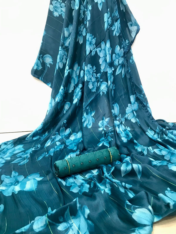 Blue with Floral Chiffon Silk Saree