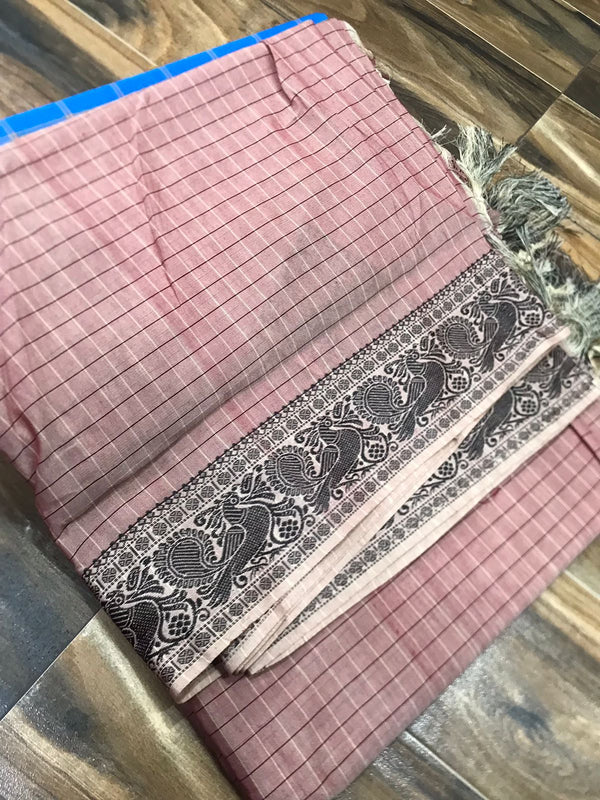 Spun cotton with tiny checks and single border with fantabulous peacock design