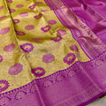 Golden Yellow & Royal Purple Floral Silk Saree with Elegant Zari Border