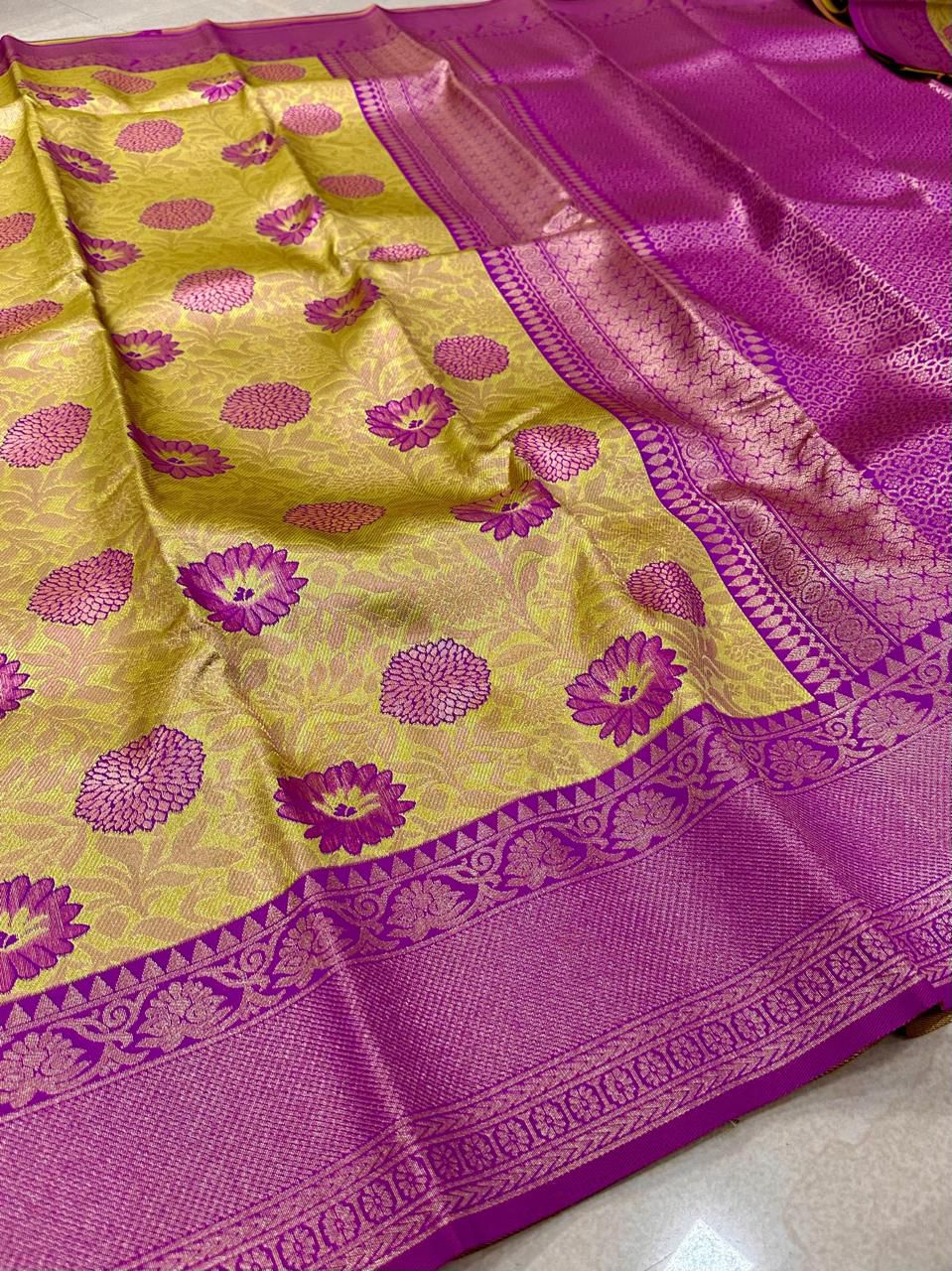 Golden Yellow & Royal Purple Floral Silk Saree with Elegant Zari Border