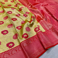Golden Yellow & Vermilion Red Floral Silk Saree with Rich Zari Border