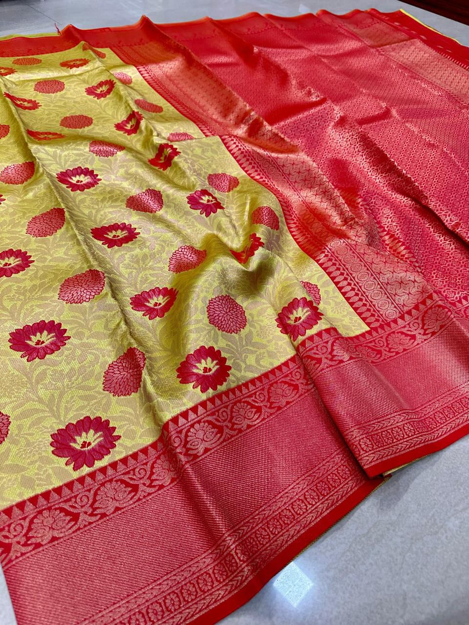 Golden Yellow & Vermilion Red Floral Silk Saree with Rich Zari Border