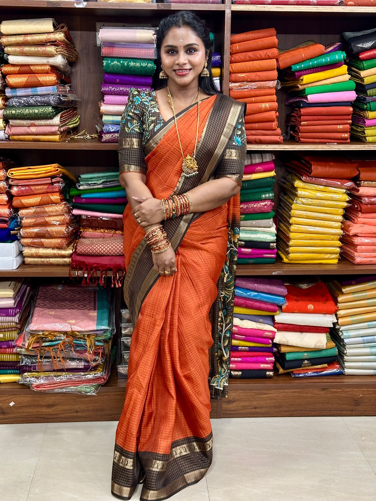 Rust Orange Premium Dola Silk Saree with Kalamkari Pallu