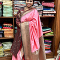 Rose Pink Soft Silk Saree with Coffee Brown Zari Border –
