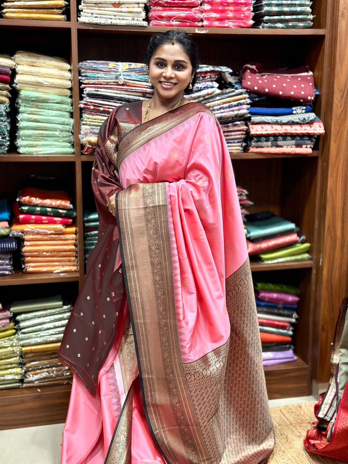 Rose Pink Soft Silk Saree with Coffee Brown Zari Border –