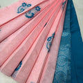Baby Pink Semi Silk Saree with Teal Blue Motifs