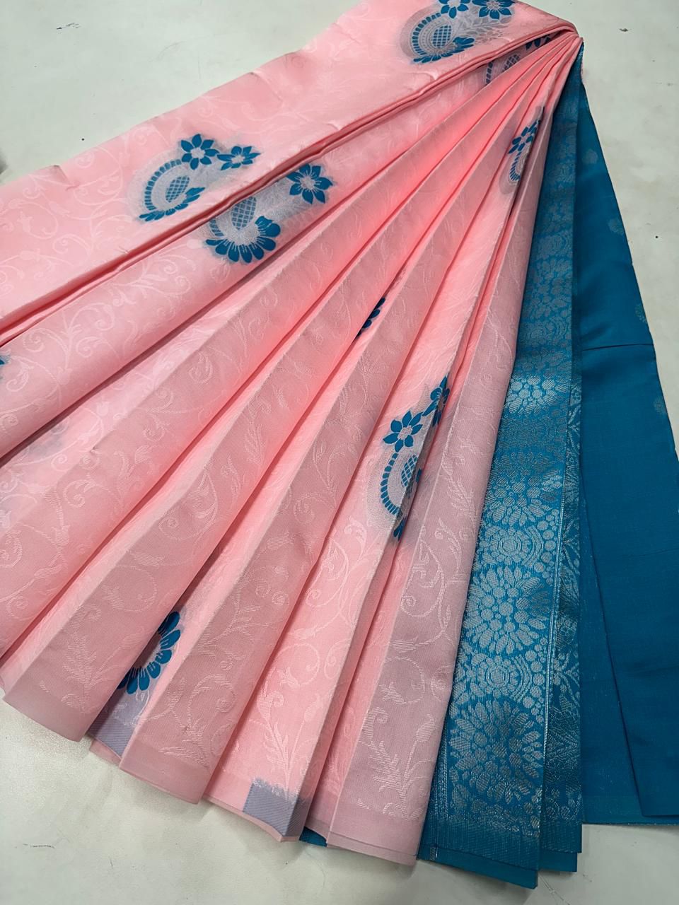 Baby Pink Semi Silk Saree with Teal Blue Motifs