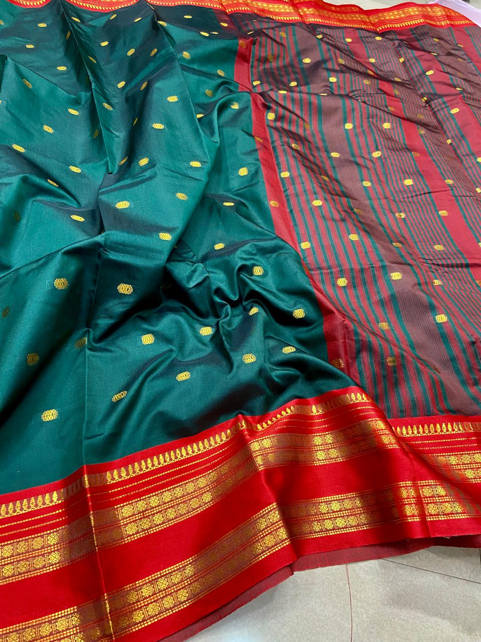 Semi Soft Silk Saree – Green with Red Border
