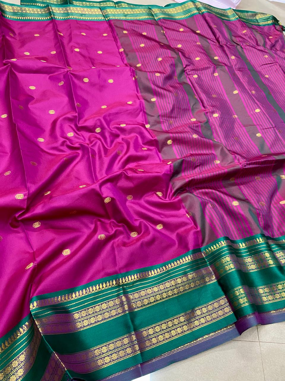 Semi Soft Silk Saree – Pink with Green Border