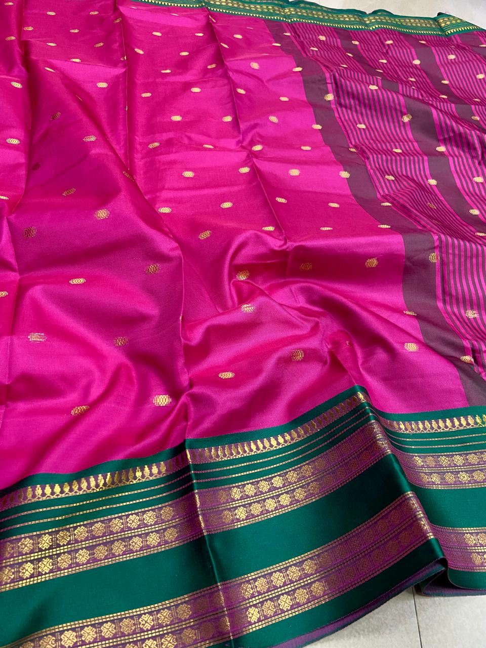 Semi Soft Silk Saree – Dark Pink with Green Border