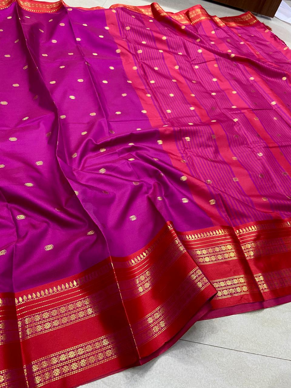 Semi Soft Silk Saree – Rani Pink with Red Border