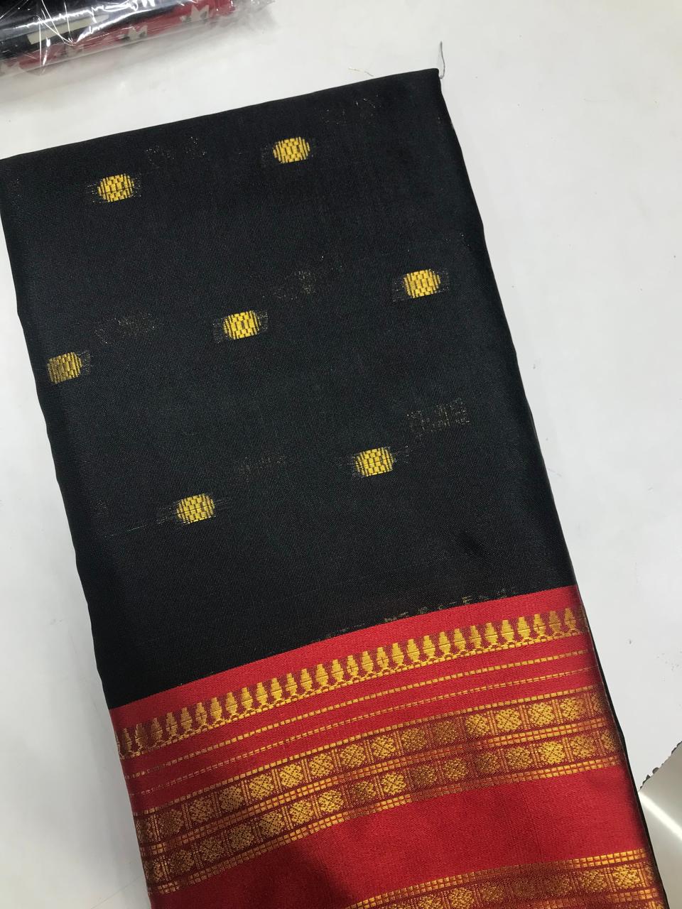 Semi Soft Silk Saree – Black with Red Border