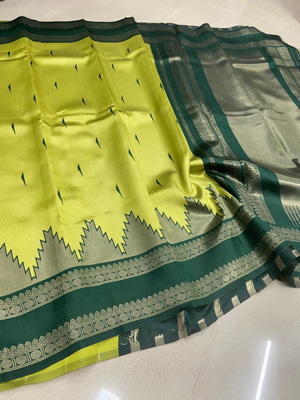 Bridal Semi Soft Silk Saree – Lime Green with Dark Green Border