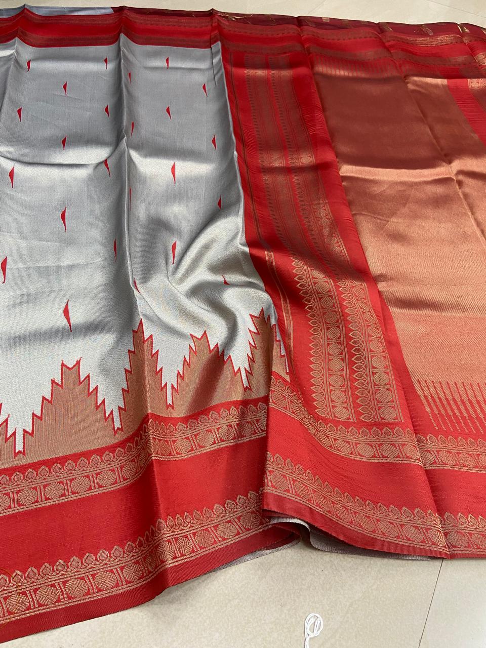 Bridal Semi Soft Silk Saree – Grey with Red Border