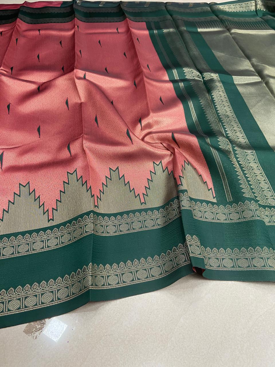 Peach & Forest Green Saree | Bridal Semi Soft Silk