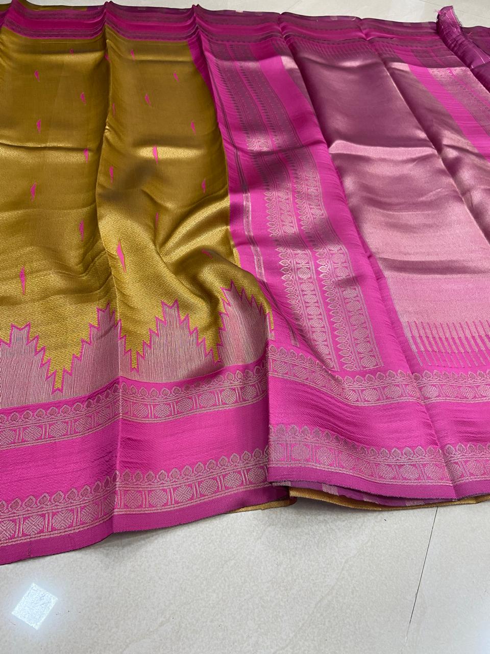 Gold & Pink Zigzag Saree | Bridal Semi Soft Silk