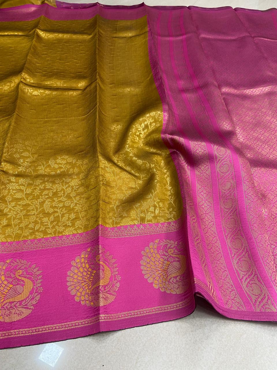 Gold & Pink Peacock Saree | Bridal Semi Soft Silk
