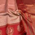 Pink & Red Peacock Saree | Bridal Semi Soft Silk
