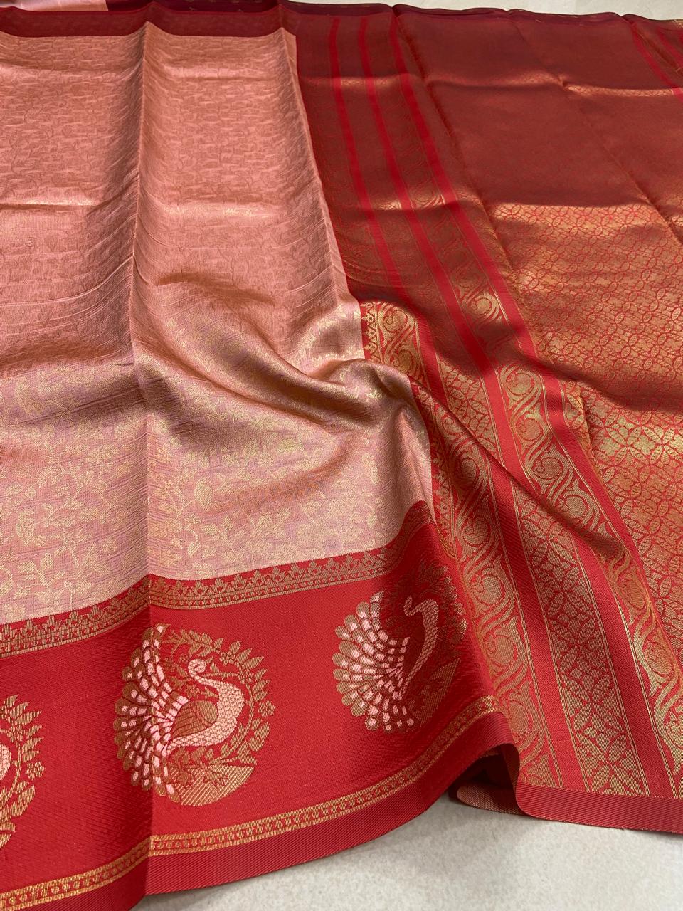 Pink & Red Peacock Saree | Bridal Semi Soft Silk
