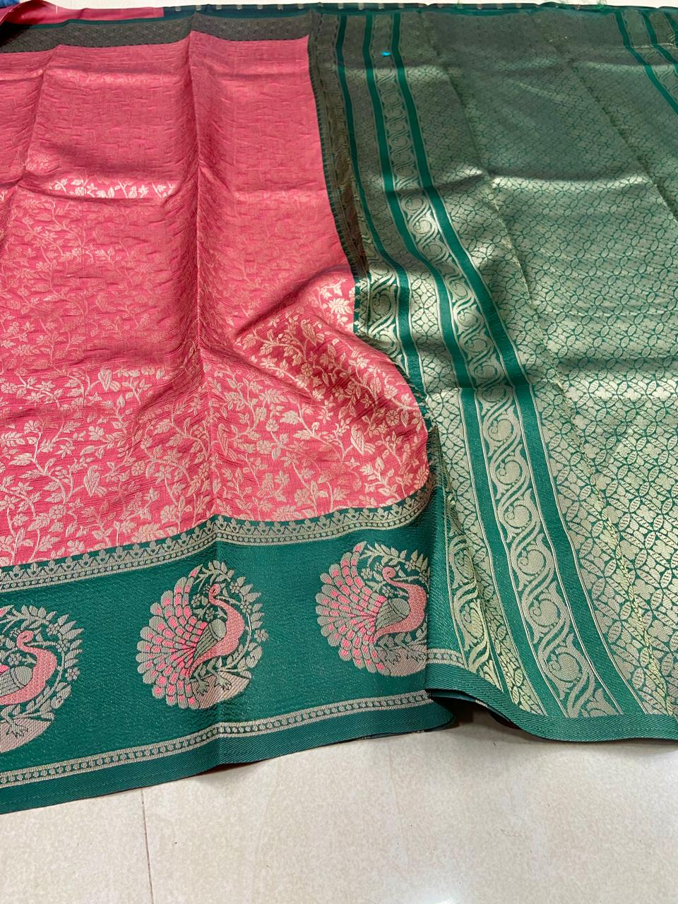 Pink & Green Peacock Saree | Bridal Semi Soft Silk