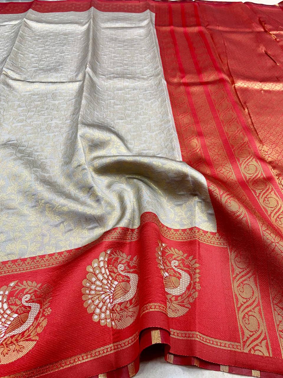 White & Red Peacock bridal semi soft silk Saree | Special Occasion Look