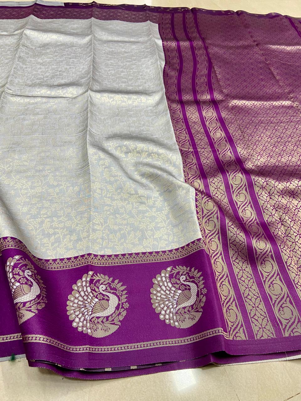 White & Purple Peacock Saree | Bridal Semi Soft Silk