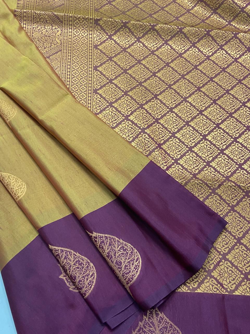 Premium Soft Silk Saree in Antique Gold with Royal wine Border