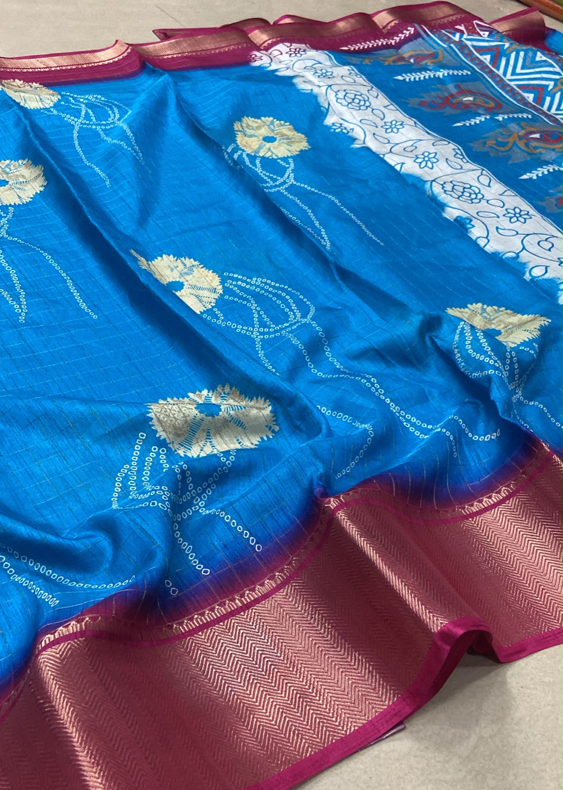 Premium Dola Silk Saree – Royal Blue with Magenta Contrast Border & Floral Woven Design