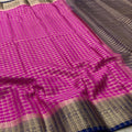 Premium Banarasi Saree – Rani Pink with Royal Blue Rich Zari Border & Checked Weaving
