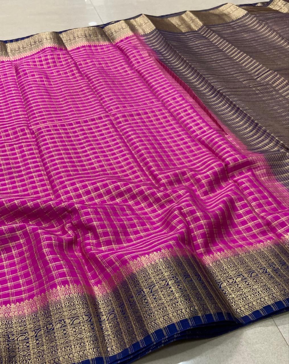 Premium Banarasi Saree – Rani Pink with Royal Blue Rich Zari Border & Checked Weaving