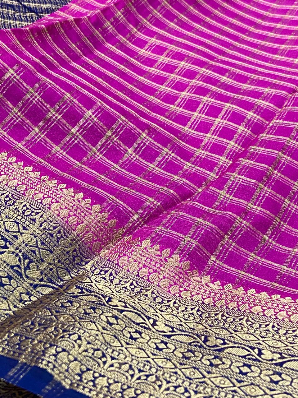 Premium Banarasi Saree – Rani Pink with Royal Blue Rich Zari Border & Checked Weaving