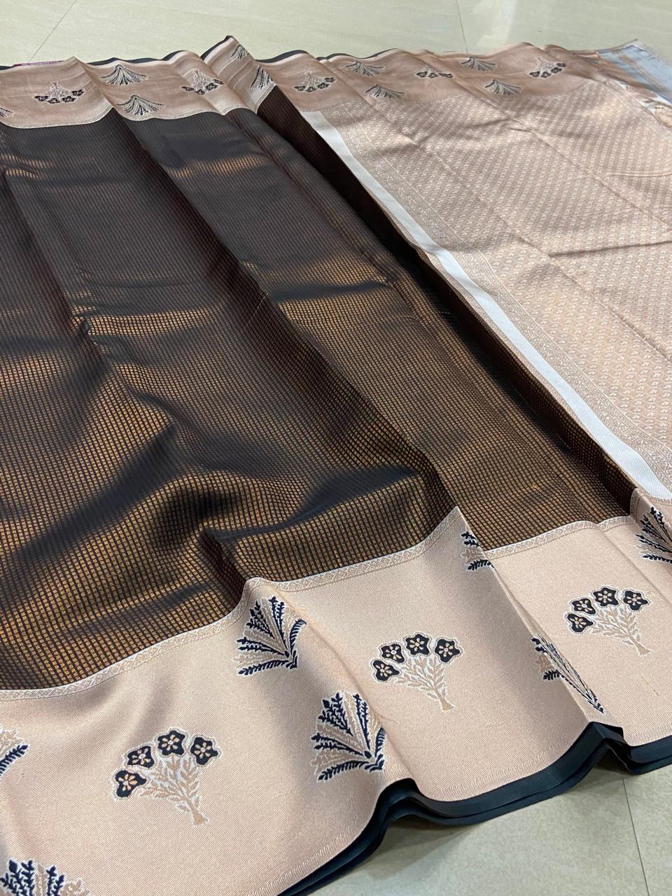 Premium Semi Silk Saree – Chocolate Brown & Champagne Beige with Floral Woven Border