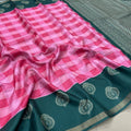 Premium Linen Saree – Pink Checks with Teal Green Contrast Border & Silver Zari Weaving