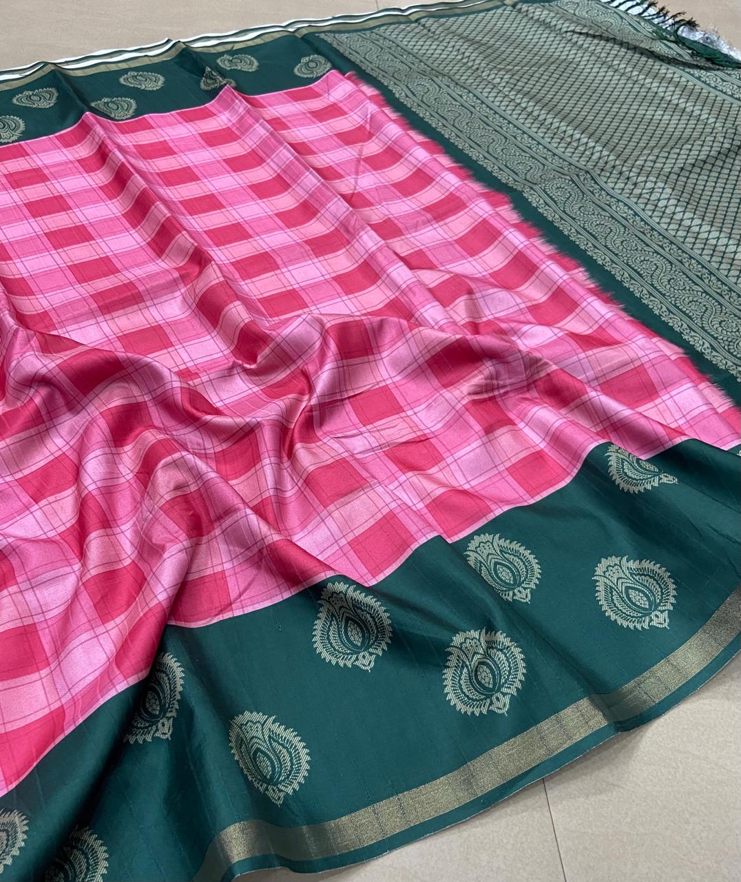 Premium Linen Saree – Pink Checks with Teal Green Contrast Border & Silver Zari Weaving