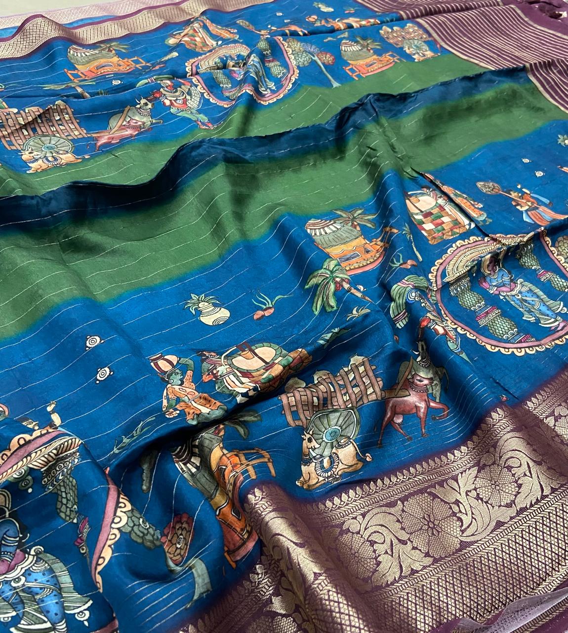 Pure Dola Saree – Royal Blue Mythological Print with Wine Purple Border & Rich Zari Weaving